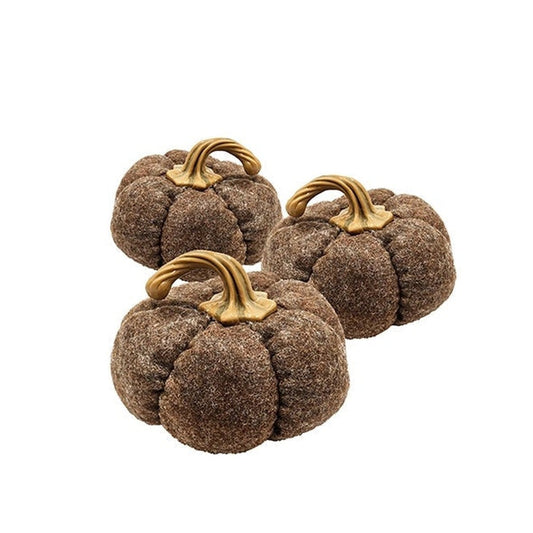 Velvet-Look Fabric Pumpkins — Set of 3, Brown