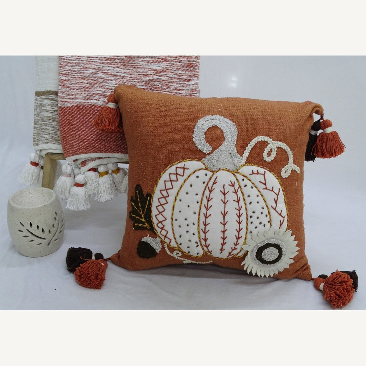 Pumpkin Throw Pillow — Embroidered, 20" with Insert